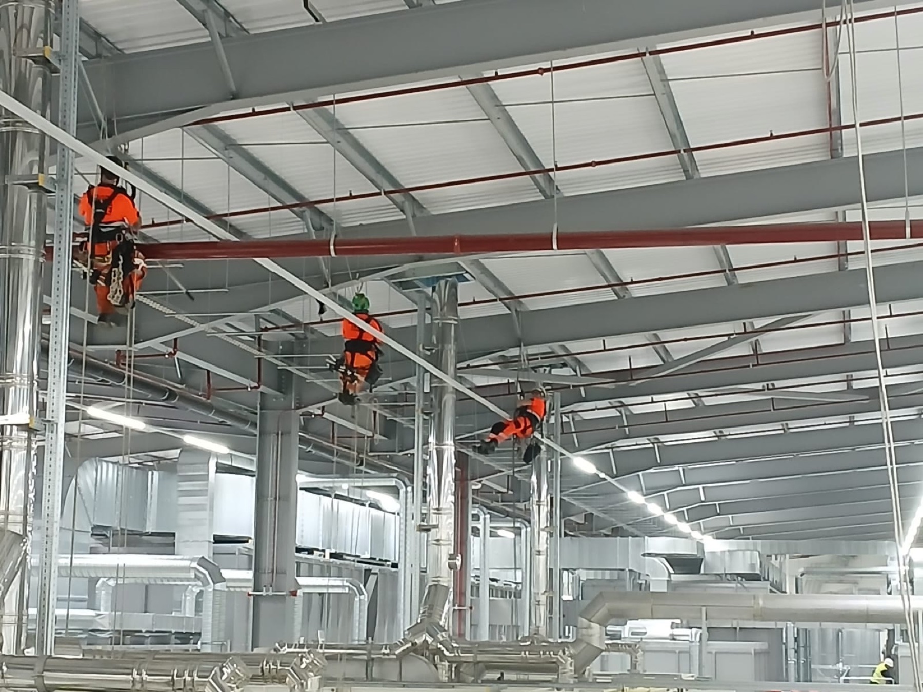 Technicians on ropes inside a warehouse